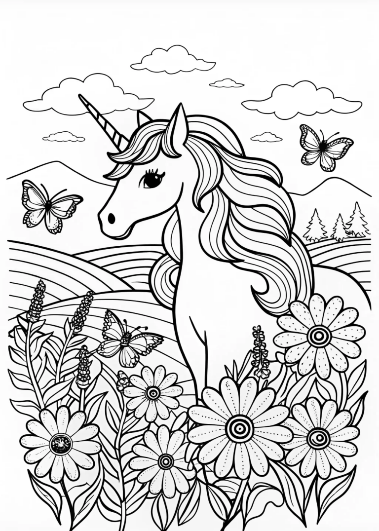 A coloring page of Starlight the Unicorn in Enchanted Meadow