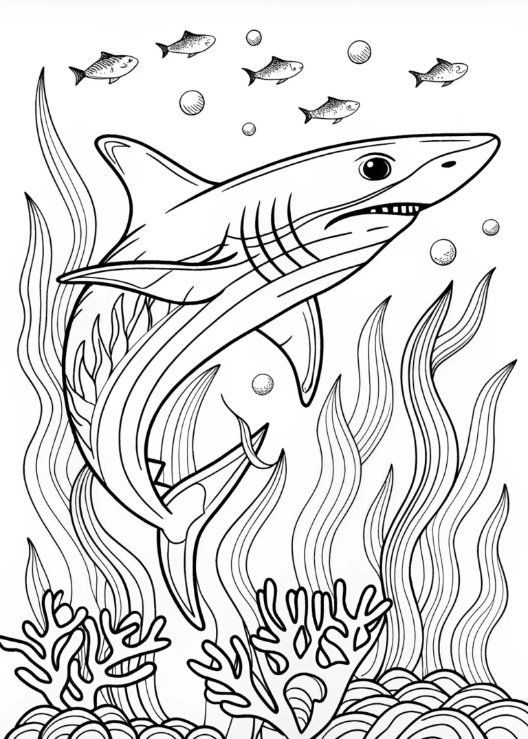 A coloring page of Great White Shark Leaping from the Ocean Waves