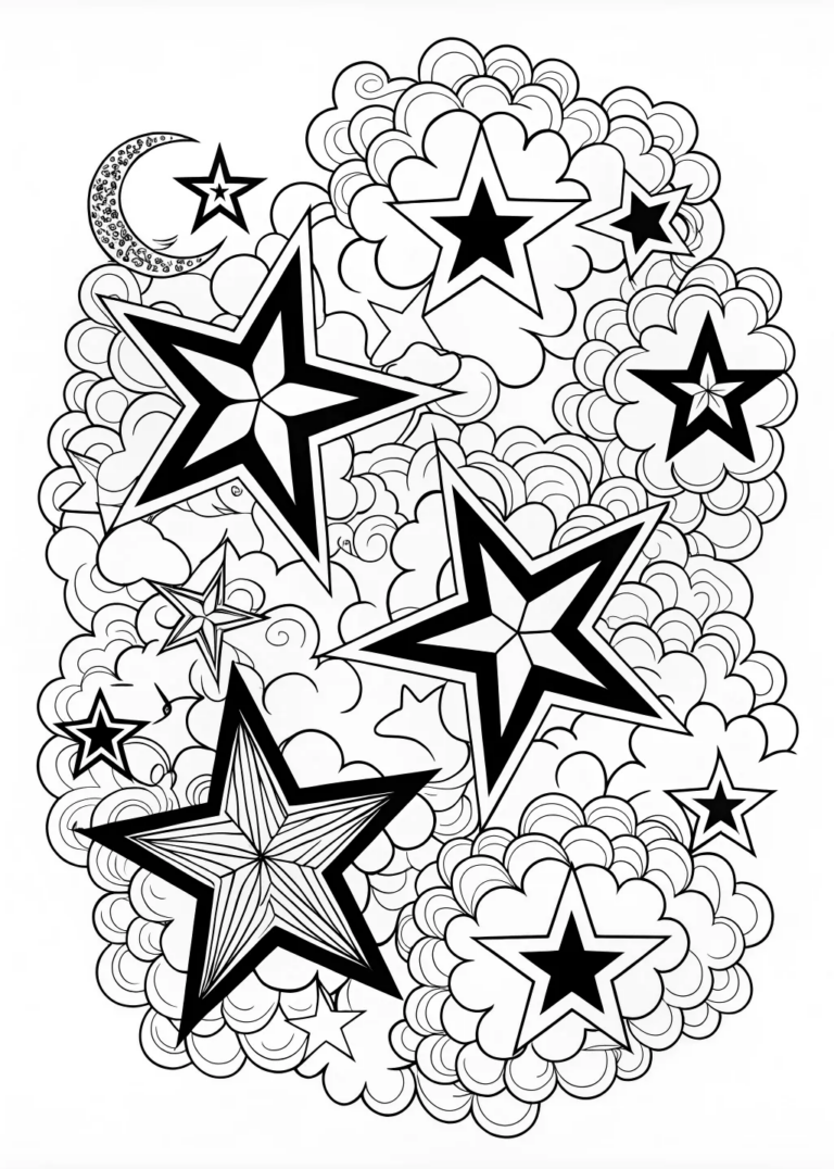 A coloring page of May Coloring Page with Stars and Clouds