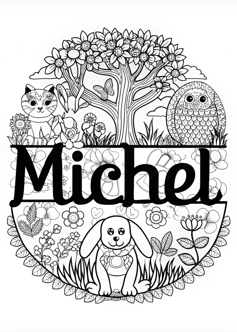 A coloring page of “Michel’s Animal Friends Coloring Page”