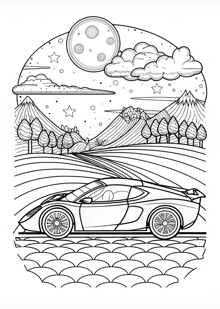 A coloring page of Moonlit Supercar Adventure Coloring Page