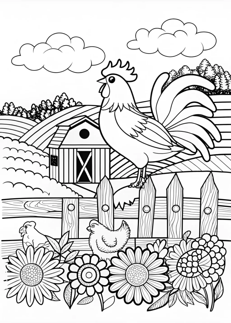 Morning Rooster on the Fence coloring pages