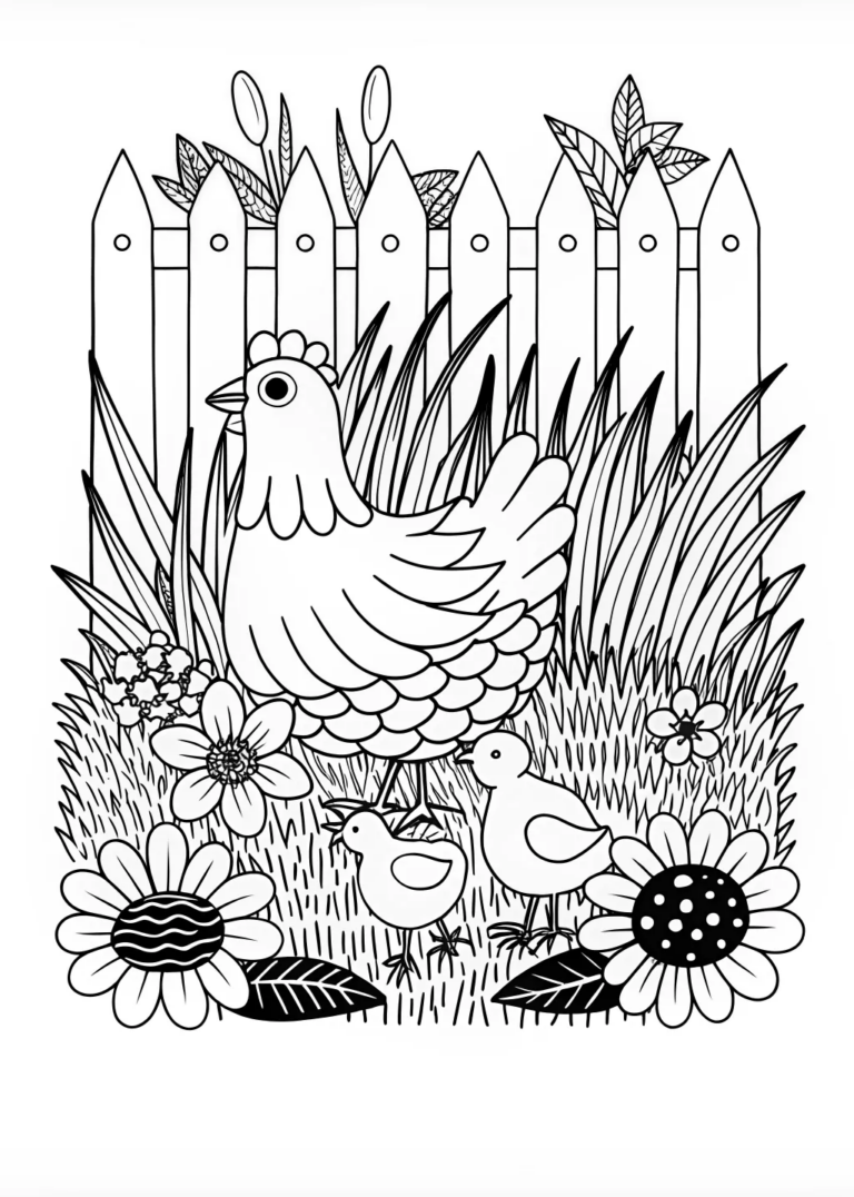 Mother Hen and Chick’s Garden Stroll coloring pages