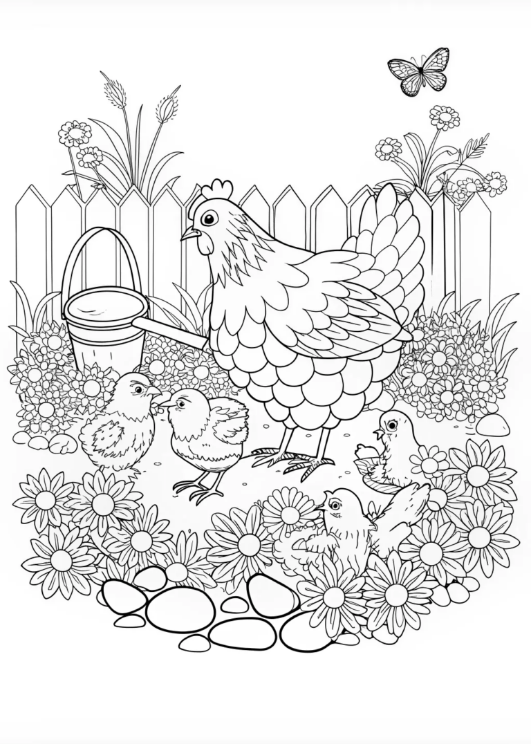 Mother Hen and Chicks in a Beautiful Garden coloring pages