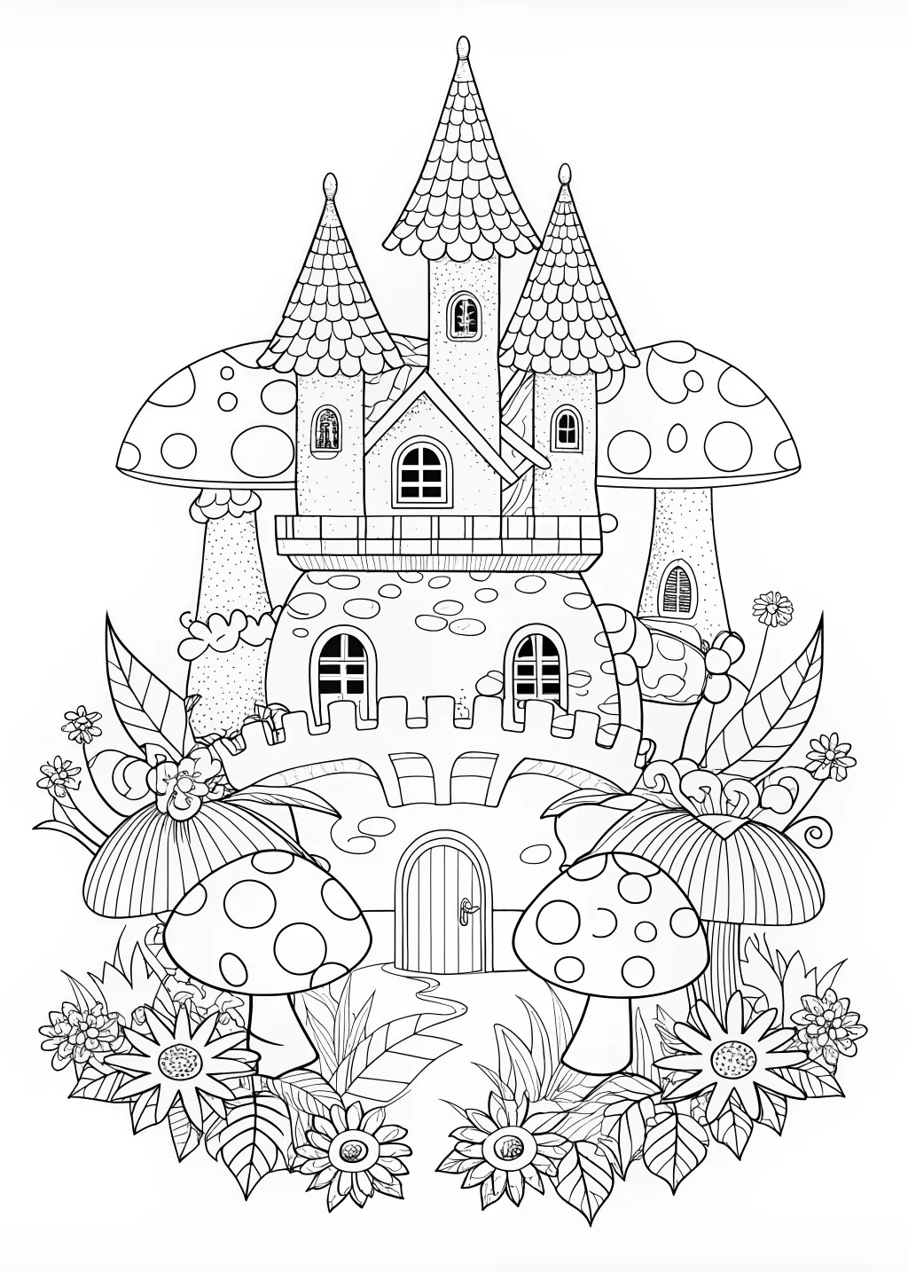 Enchanted Mushroom Castle Coloring Page