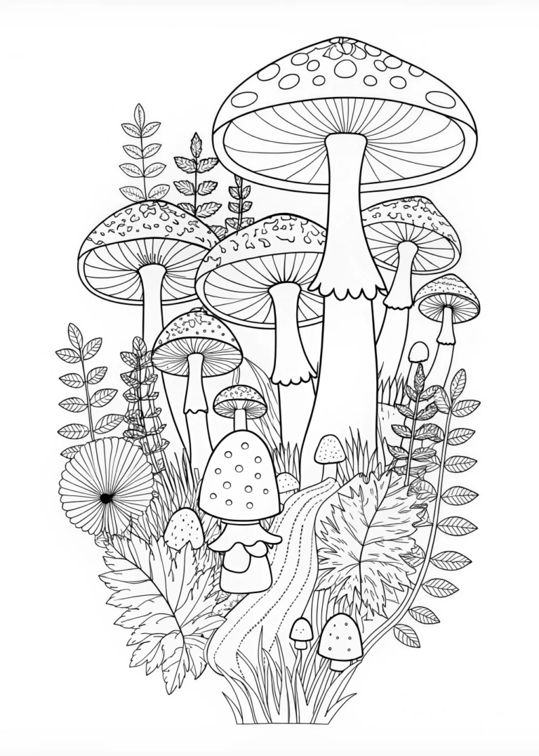 A coloring page of Enchanted Forest of Gigantic Mushrooms