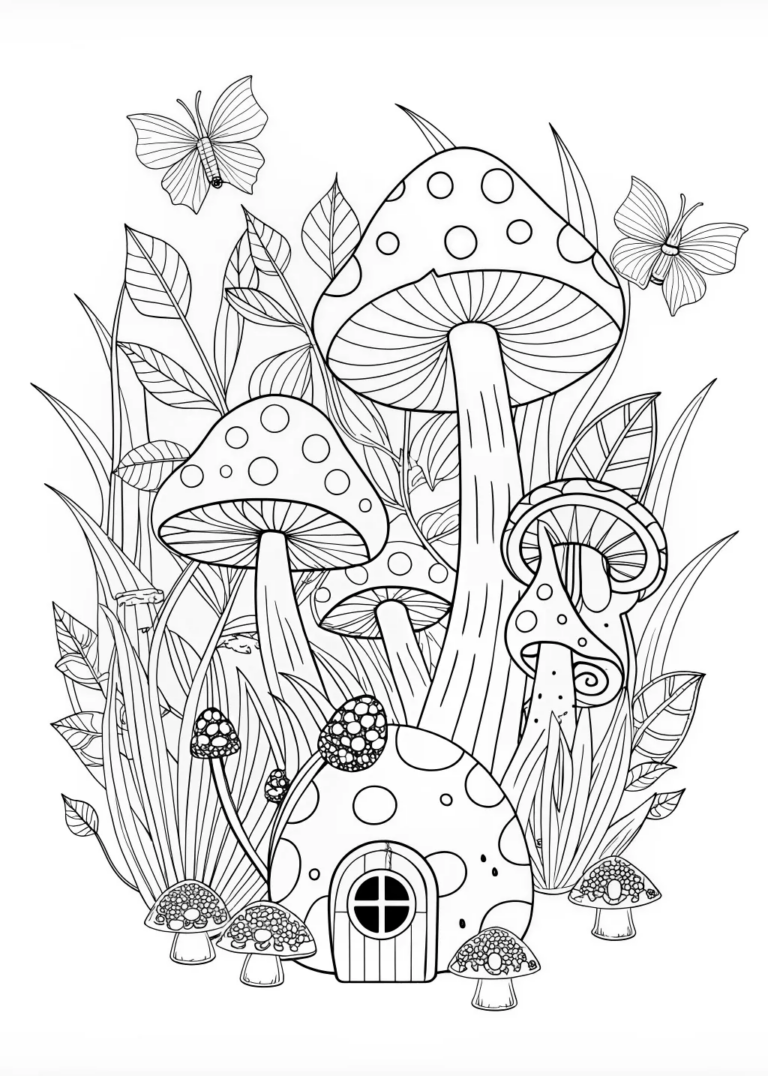 A coloring page of Mushroom Fantasy Forest Coloring Page