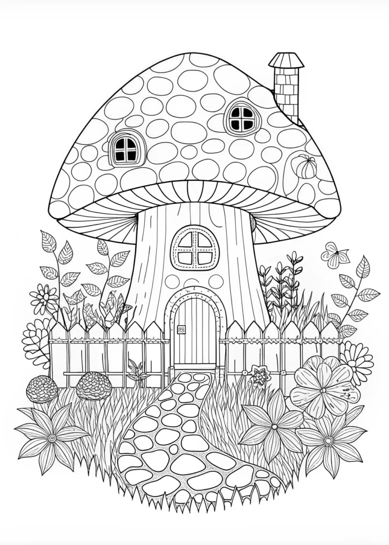 A coloring page of Mushroom Cottage Coloring Adventure