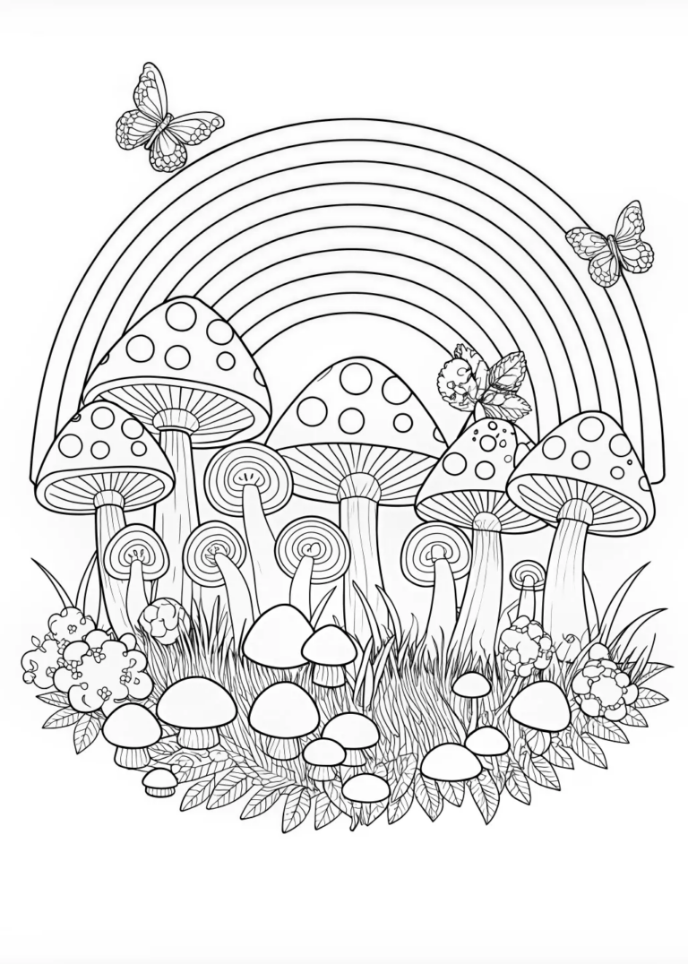 A coloring page of Magical Mushrooms in the Forest