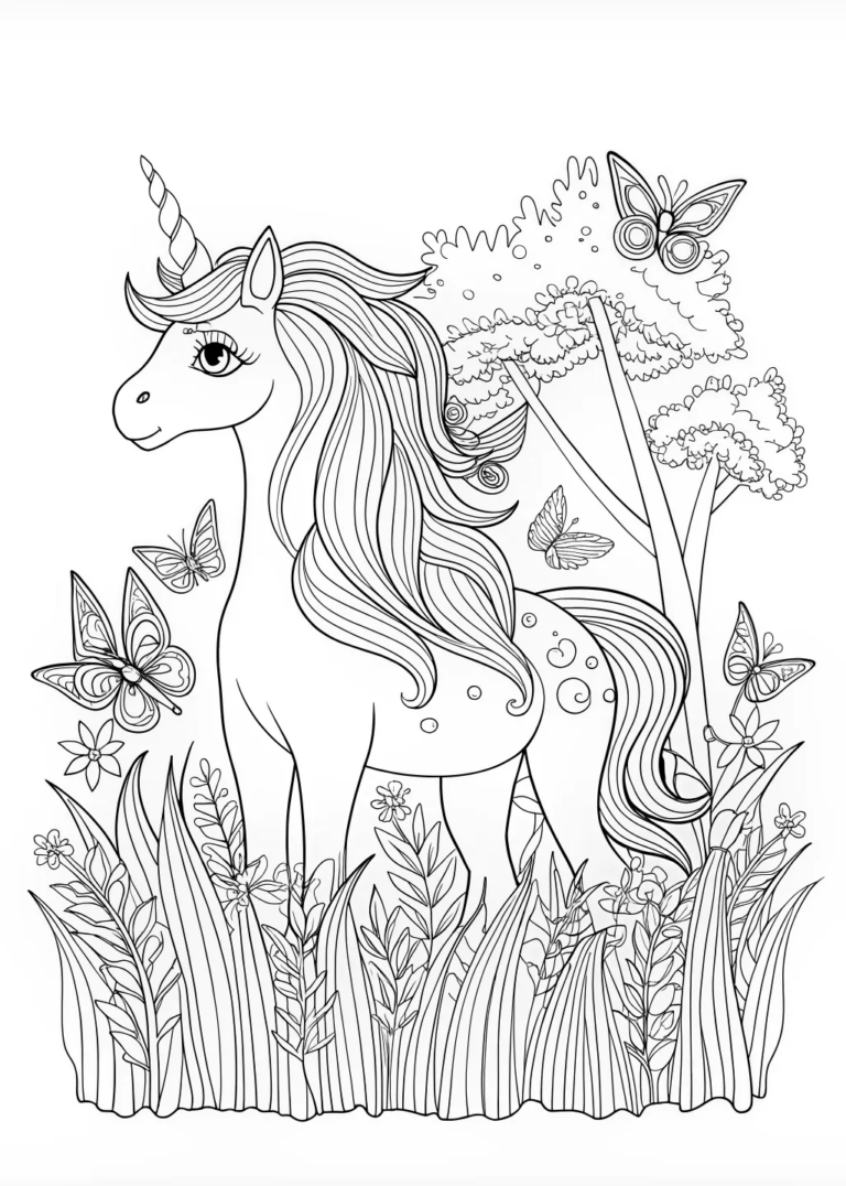 A coloring page of Unicorn Adventure in a Magical Meadow