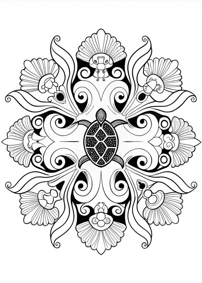 Ocean Mandala with Turtle and Seashells coloring pages