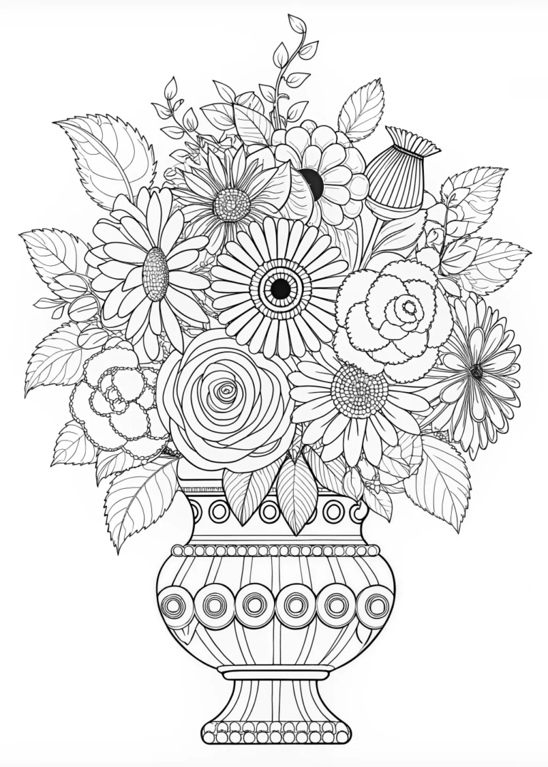 Ornate Floral Bouquet in an Intricate Vase coloring pages