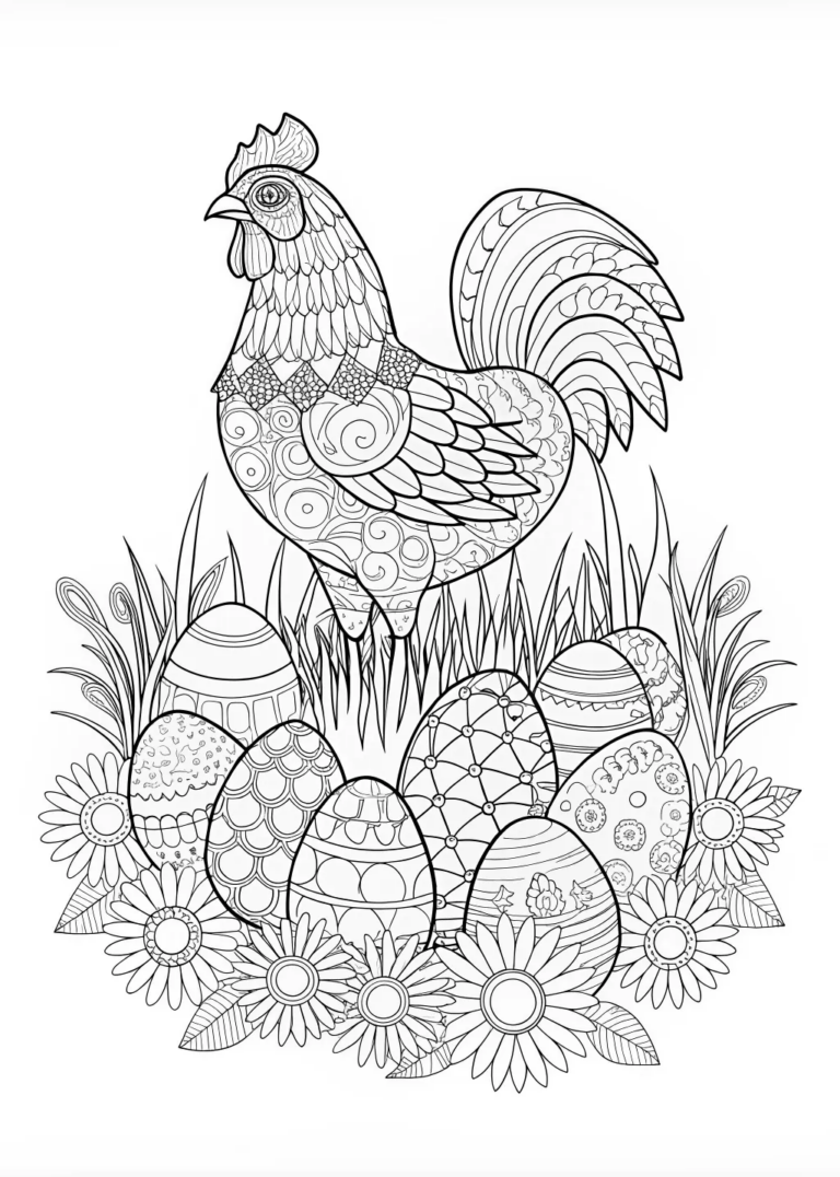 Ornate Rooster and Decorative Eggs Coloring Page coloring pages