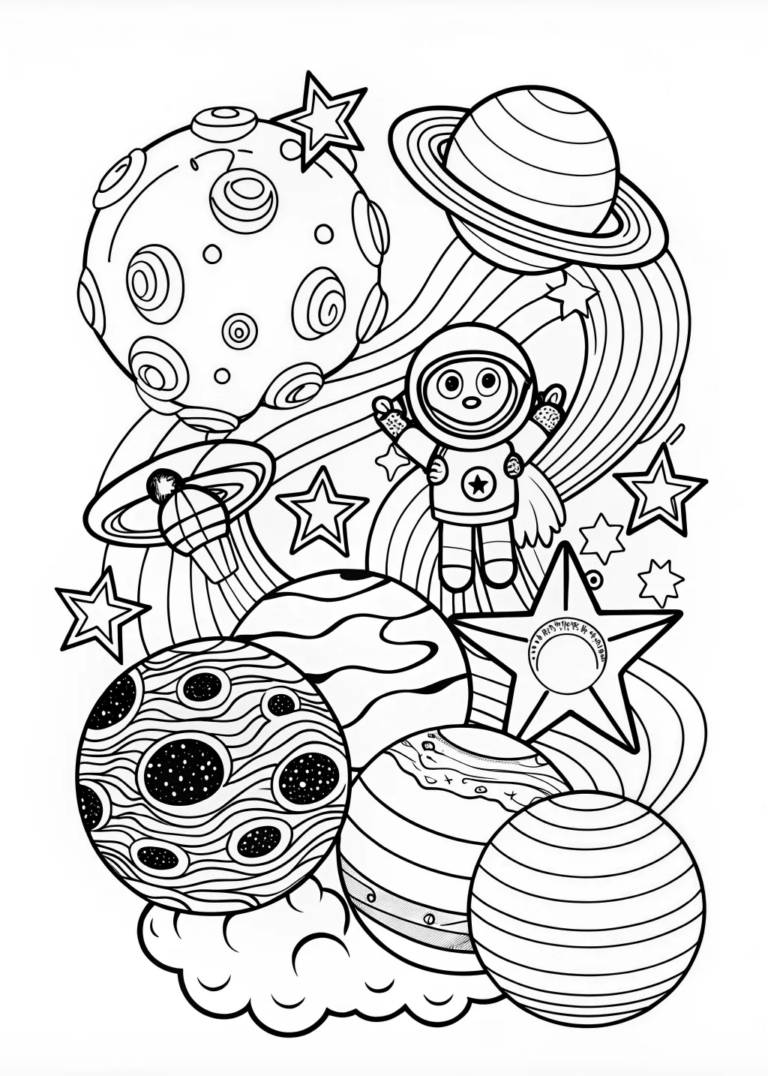 A coloring page of P is for Planet: Celestial Coloring Adventure