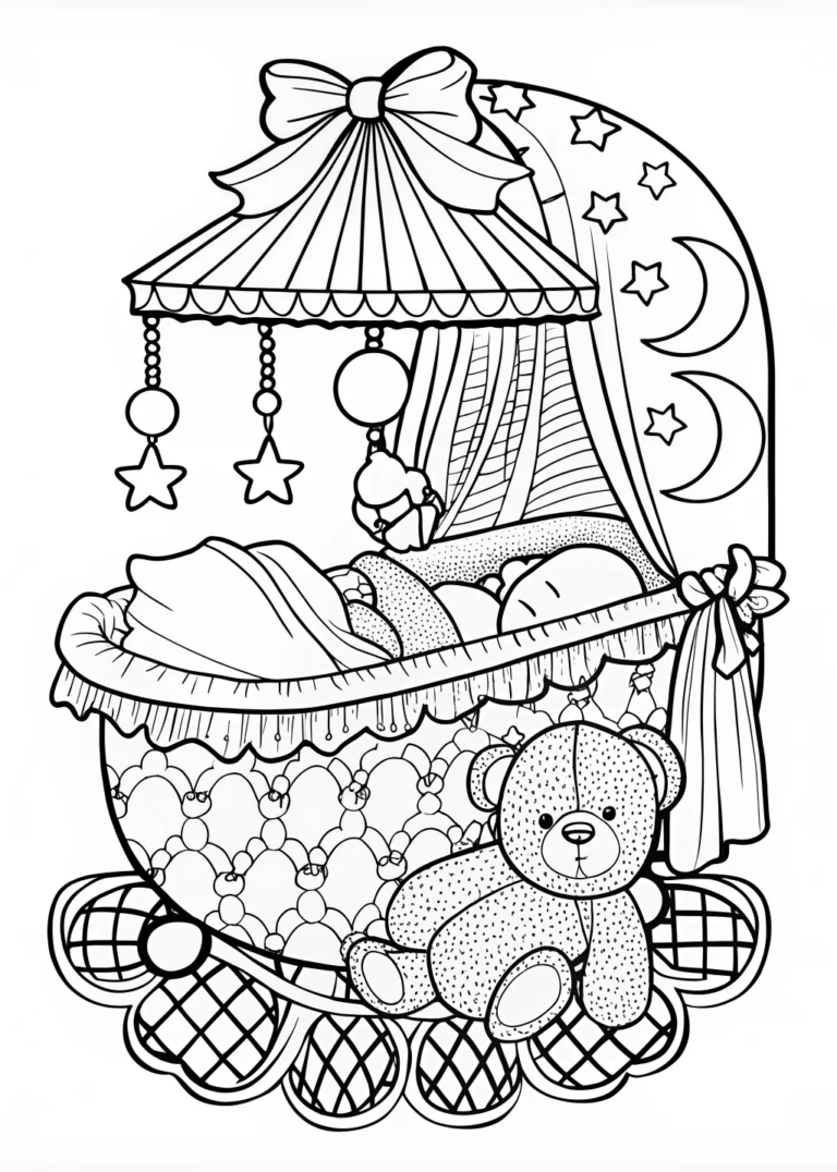 Peaceful Baby in Cradle with Teddy coloring pages