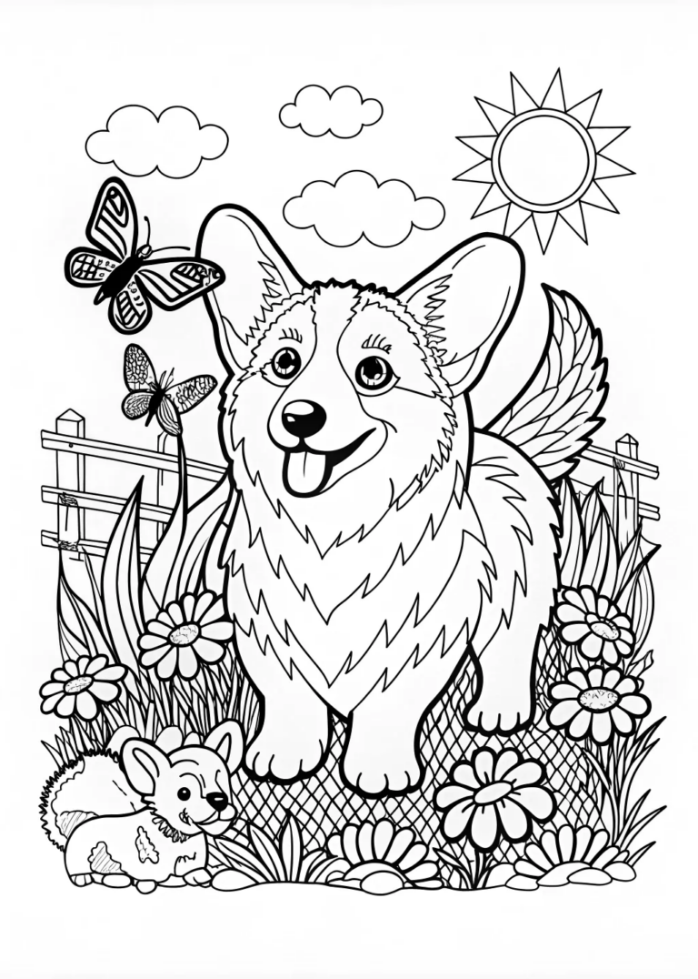 A coloring page of Corgi’s Happy Day Coloring Page