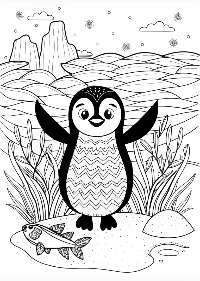 A coloring page of Penguin by the Shore Coloring Page