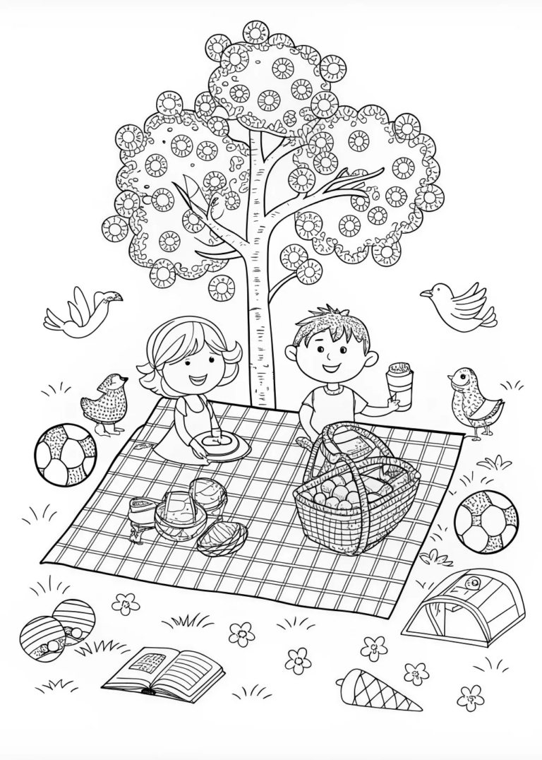 A coloring page of Picnic in the Sunny Park