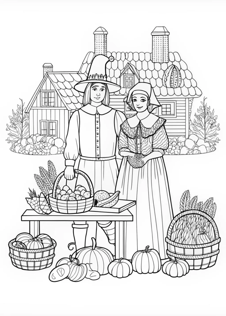 A coloring page of Pilgrims Welcoming Thanksgiving Traditions