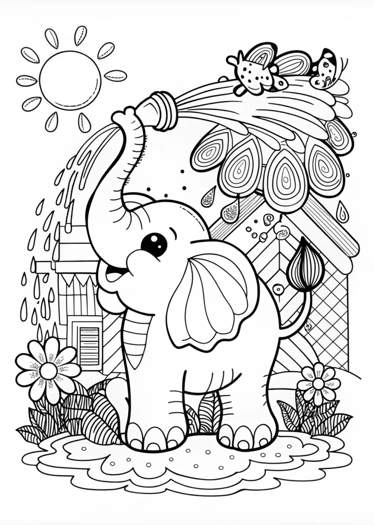 Playful Elephant Splashes with Water Hose coloring pages