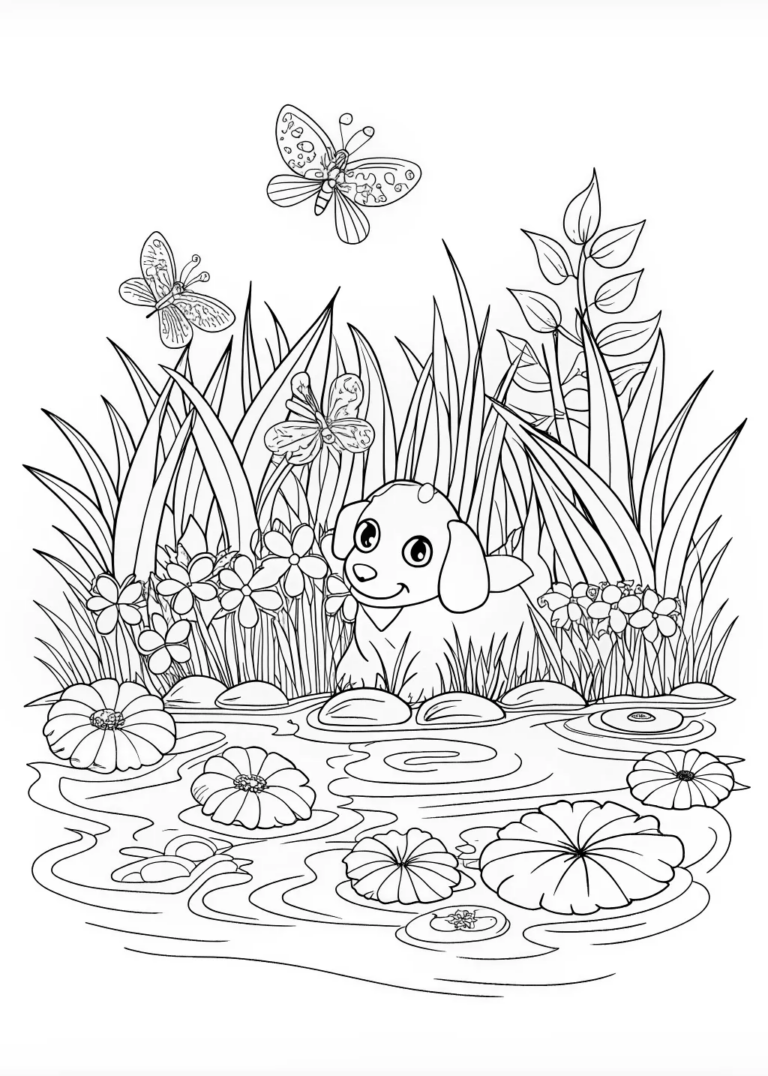 Playful Puppy Adventure by the Pond coloring pages