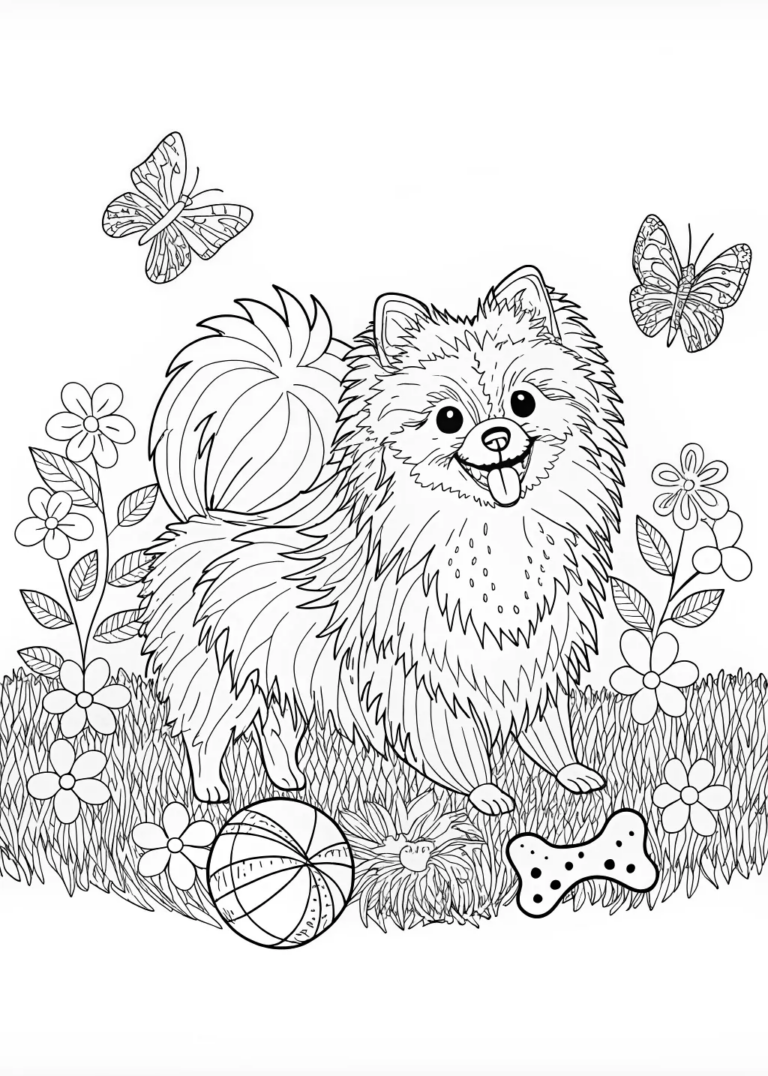 A coloring page of Pomeranian Pup Coloring Fun