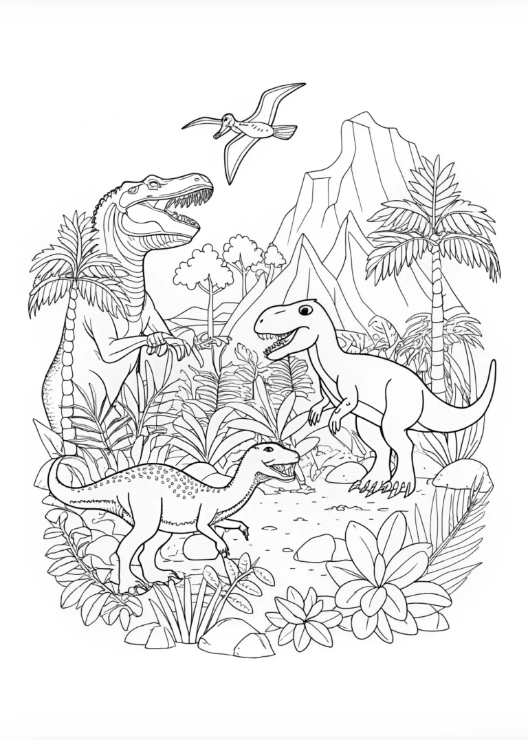 A coloring page of Prehistoric Wildlife Adventure