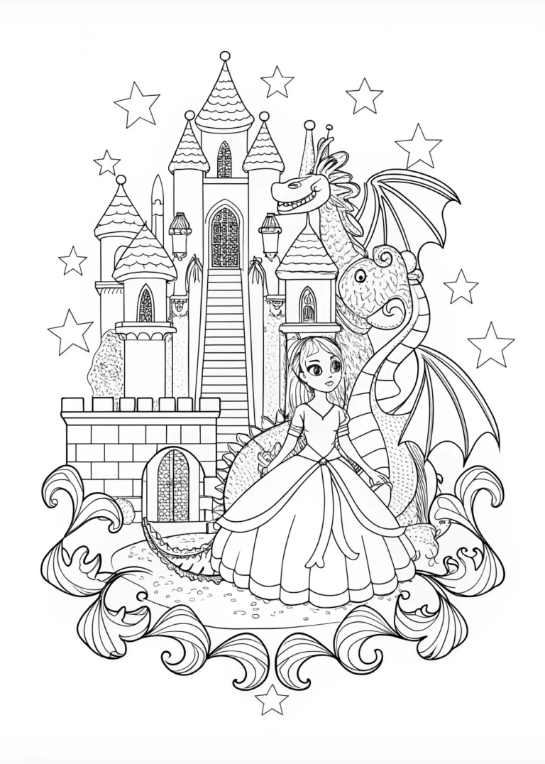 A coloring page of Princess and Her Loyal Dragon in Enchanted Castle