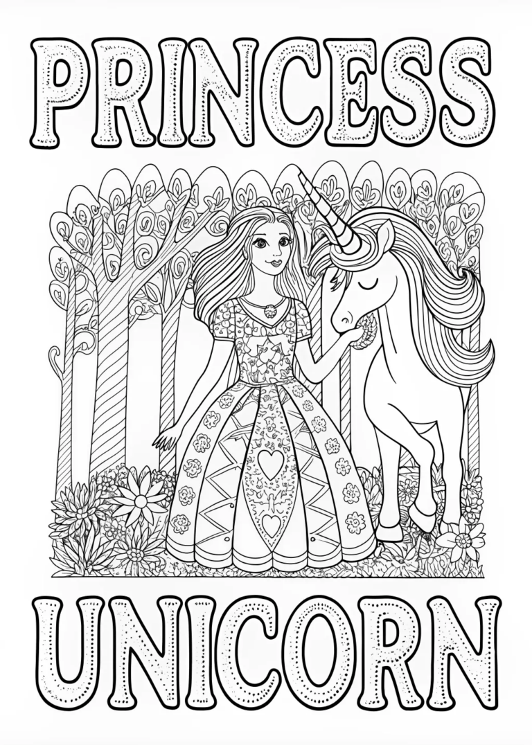 A coloring page of Princess and Her Magical Unicorn Adventure