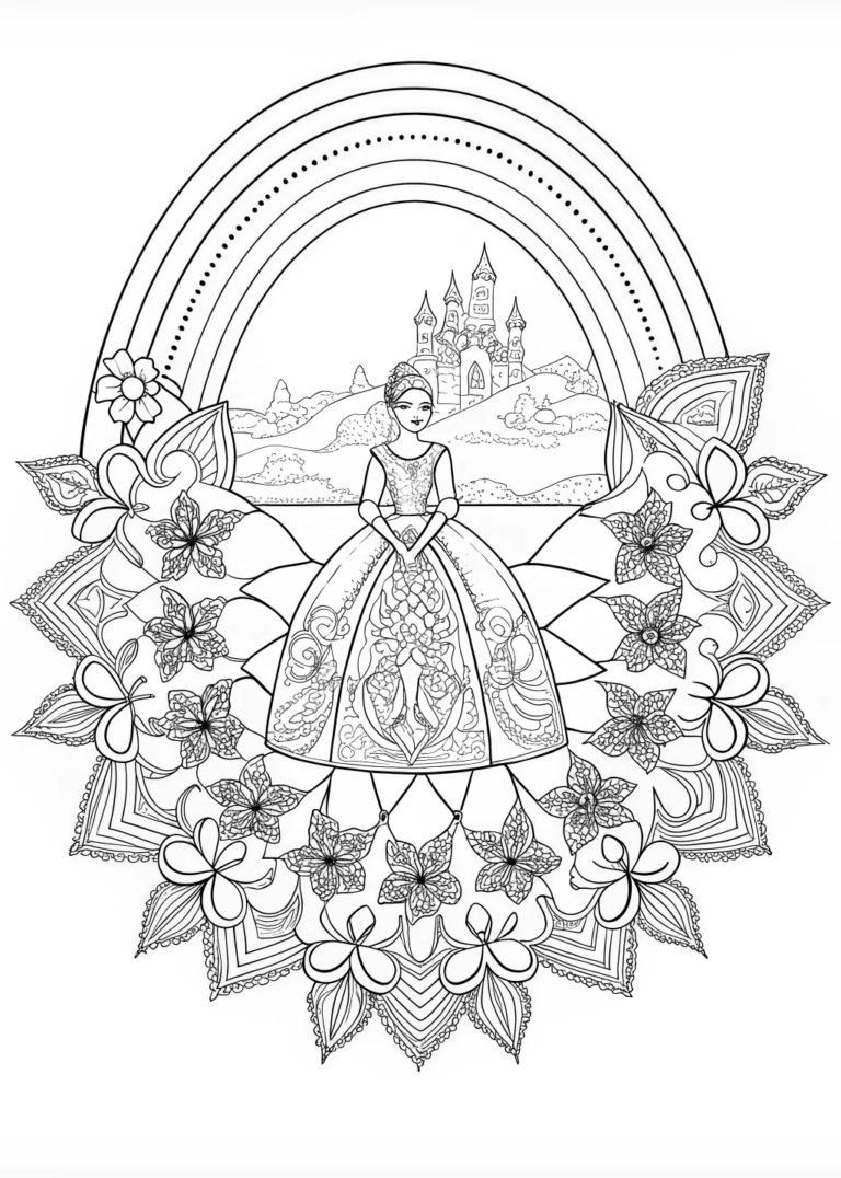 Princess Coloring Page with Rainbow and Mandala Design coloring pages