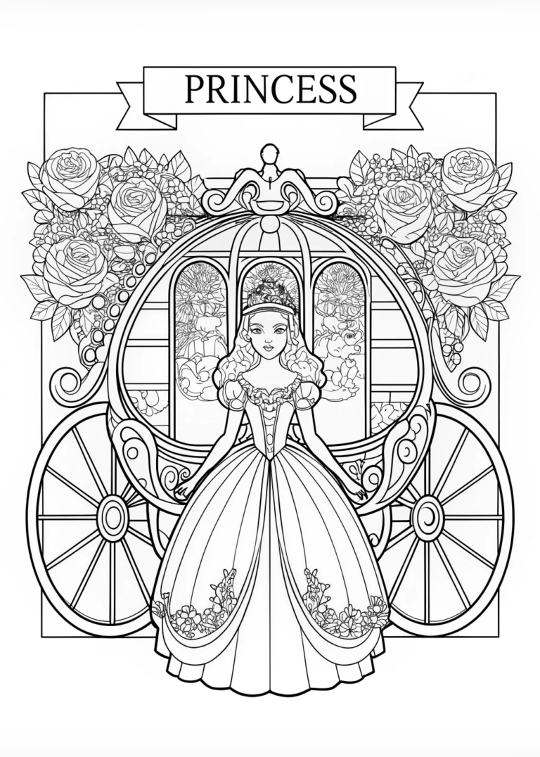 A coloring page of Princess in Front of Her Carriage