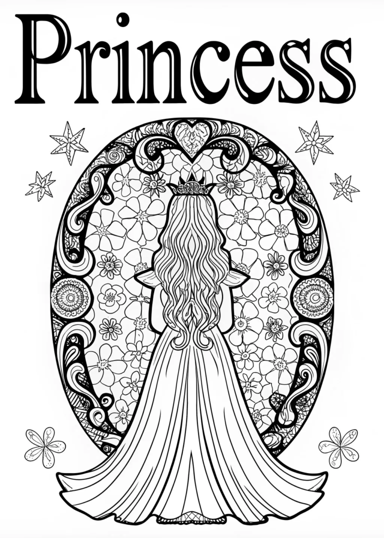 A coloring page of Princess With Magic Mirror Coloring Page