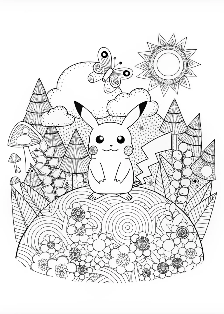 A coloring page of Pikachu’s Cheerful Coloring Adventure