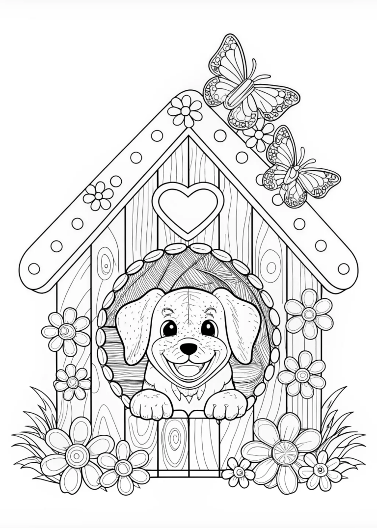 A coloring page of Puppy Cozy in His Doghouse