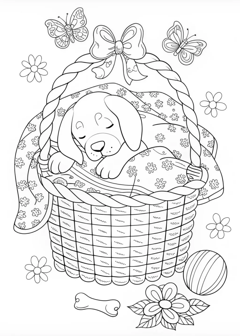 A coloring page of Puppy Snoozing in a Basket