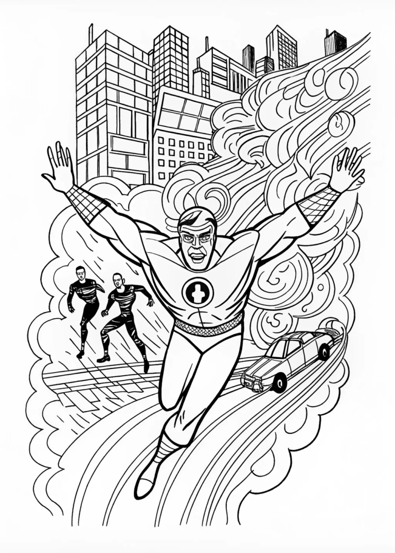 A coloring page of The Fast Hero in Action Coloring Page