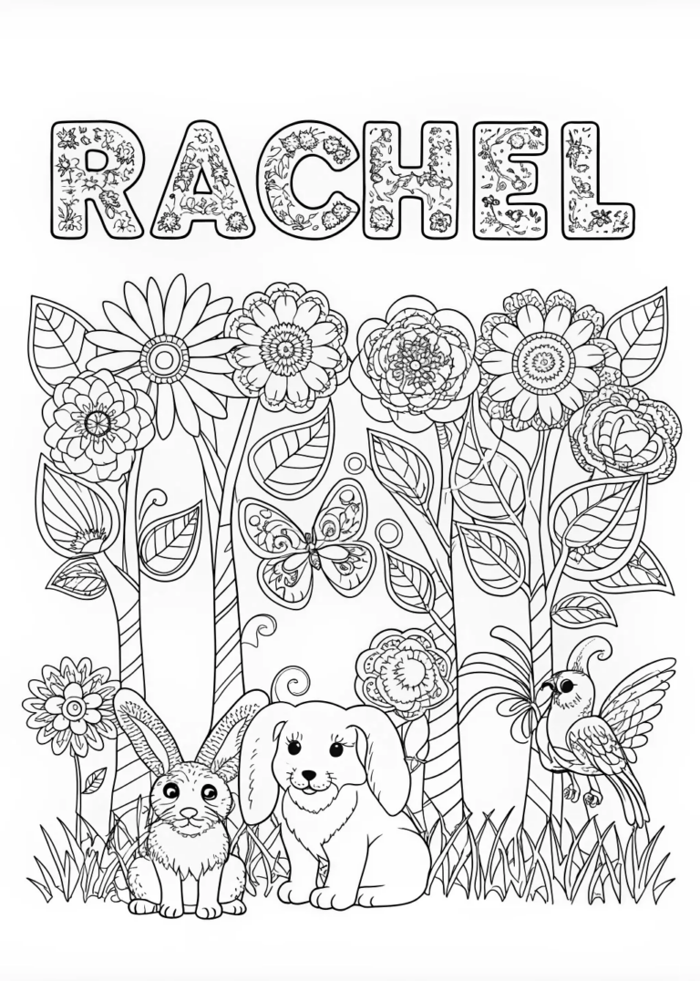 A coloring page of Rachel’s Animal Friends Coloring Page