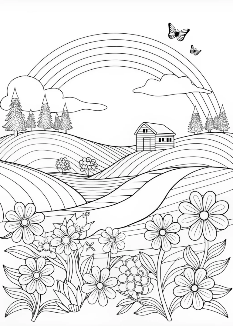 A coloring page of Rainbow Over the Peaceful Landscape