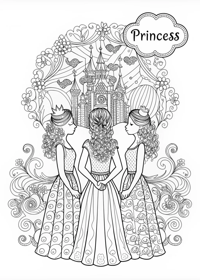 Regal Princesses in Ornate Crowns Coloring Page coloring pages