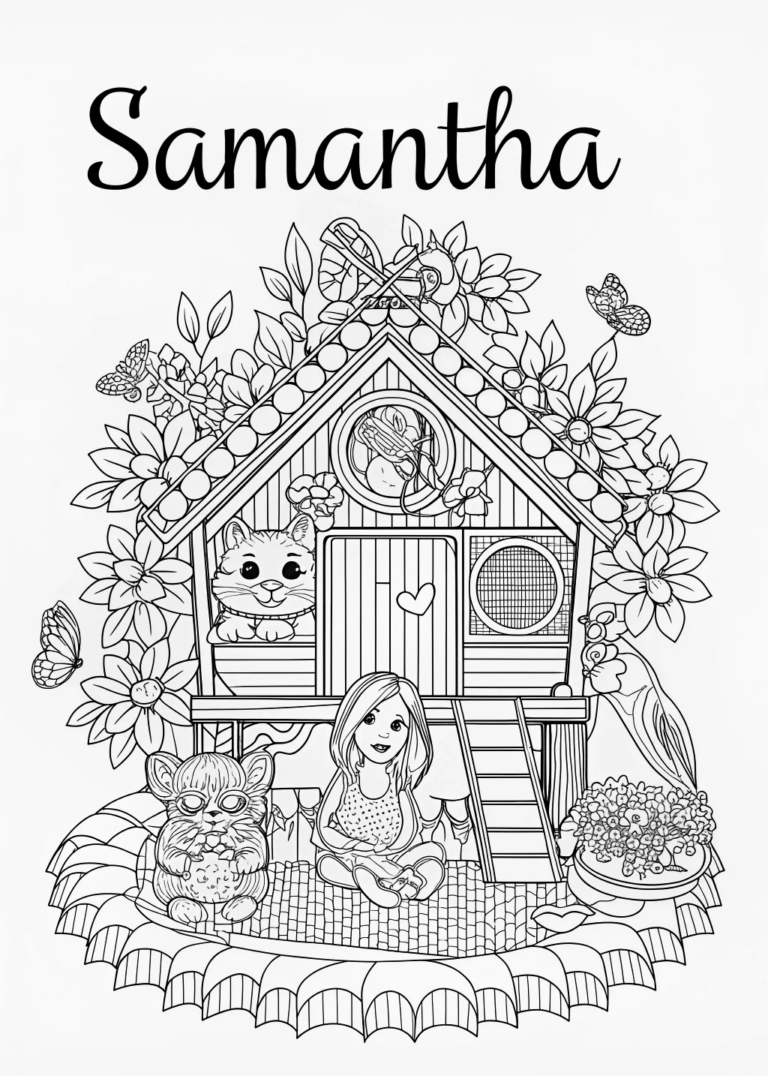 A coloring page of Cuddles the Spotted Kitten’s Day Out