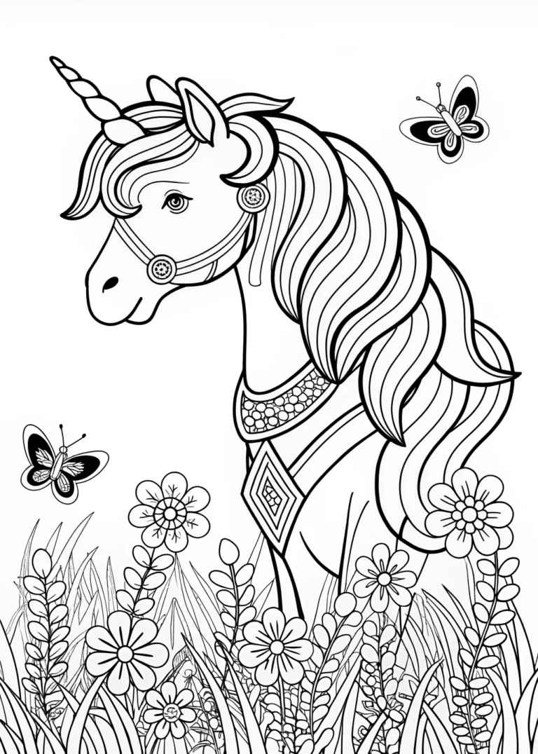 Magical Unicorn in Enchanted Meadow Coloring Page coloring pages