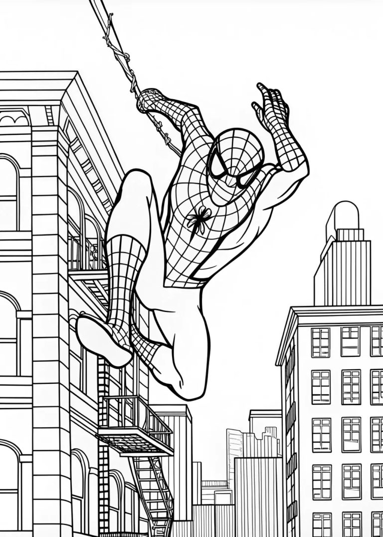 A coloring page of Spider-Man at the Grand Canyon