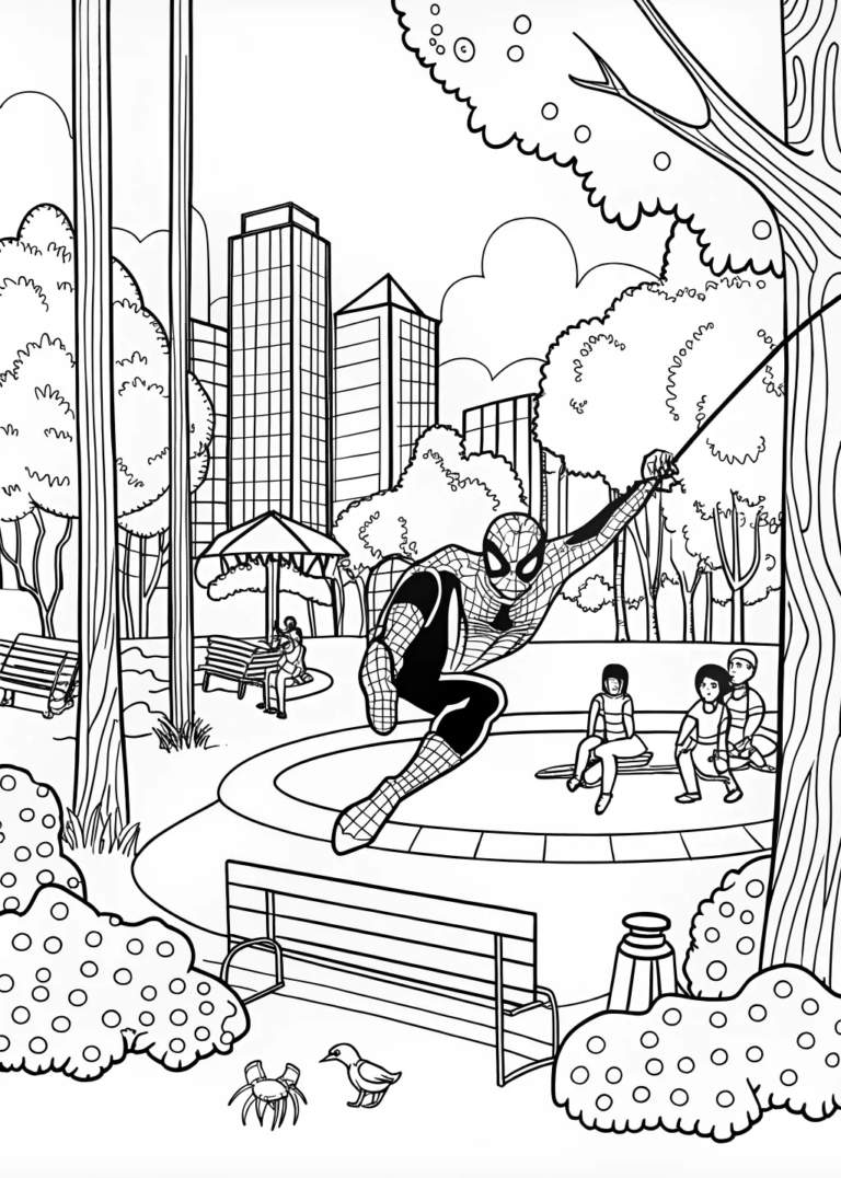 A coloring page of Spider-Man Ready for Action in the City