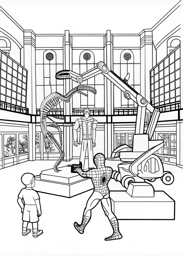 A coloring page of Spiderman at the Science Museum