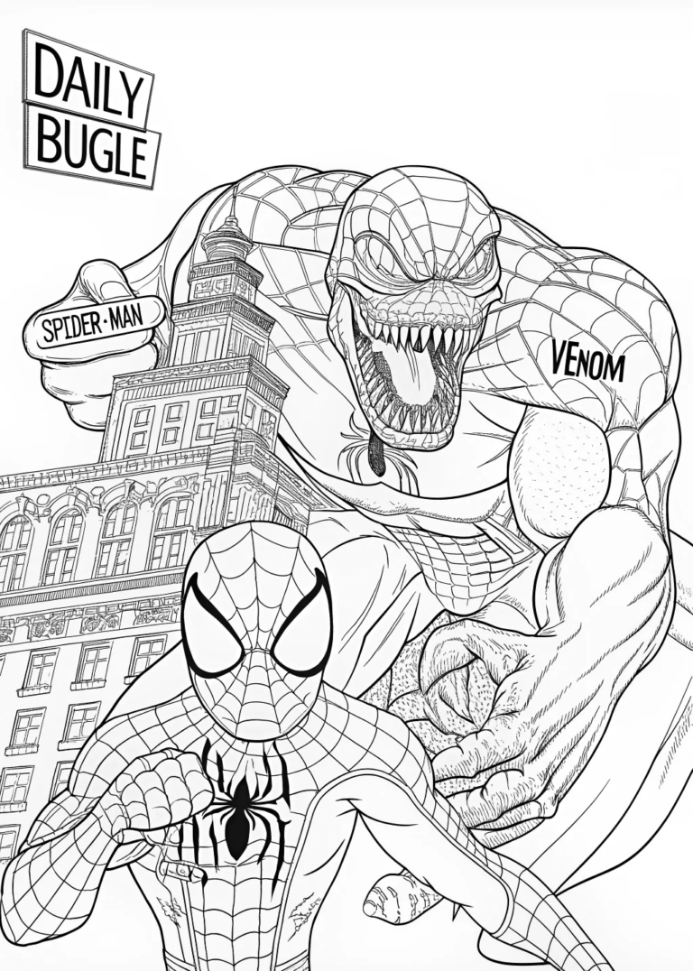 A coloring page of Spider-Man at the Daily Bugle