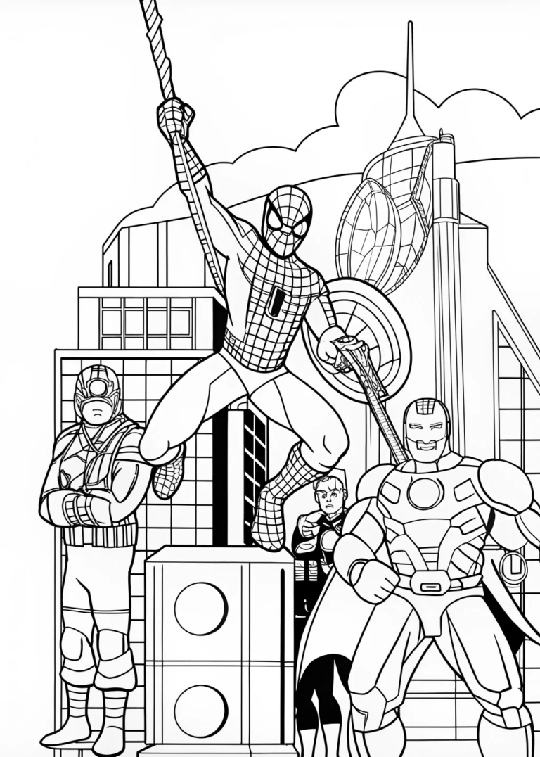 Spider-Man at Stark Tower Coloring Page - Free \u0026 Printable, image size:768x1076