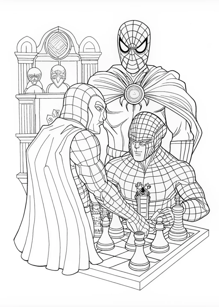 A coloring page of Spider-Man’s Chess Challenge Coloring Page