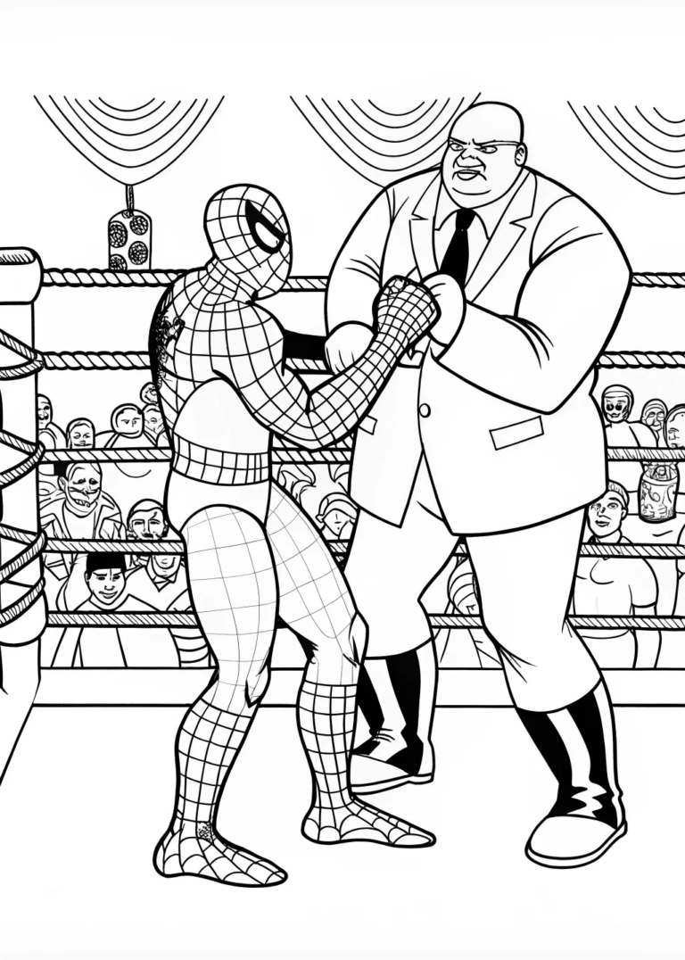 A coloring page of Spider-Man in the Boxing Ring