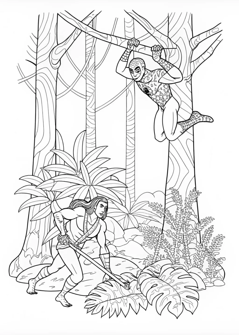 A coloring page of Spider-Man in the Jungle Adventure