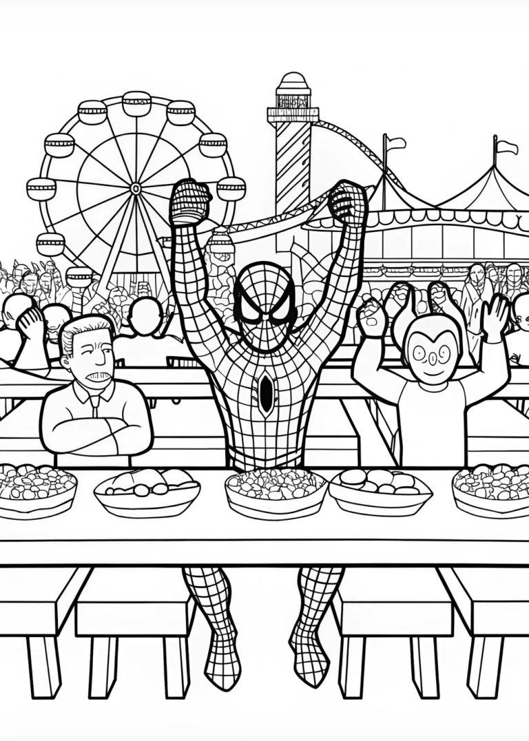 A coloring page of Spider-Man’s Hot Dog Feast